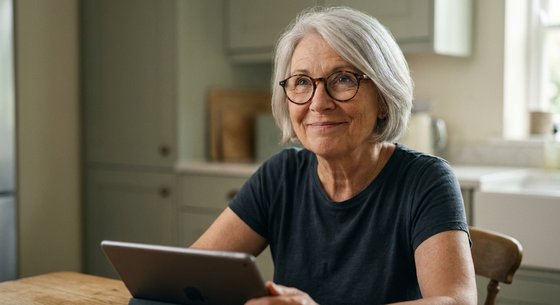 Frau um die sechzig sitzt am Küchentisch mit einem Tablet